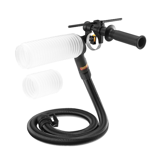 DEWALT dust extraction attachment with flexible hose and handle, designed for use with power tools.