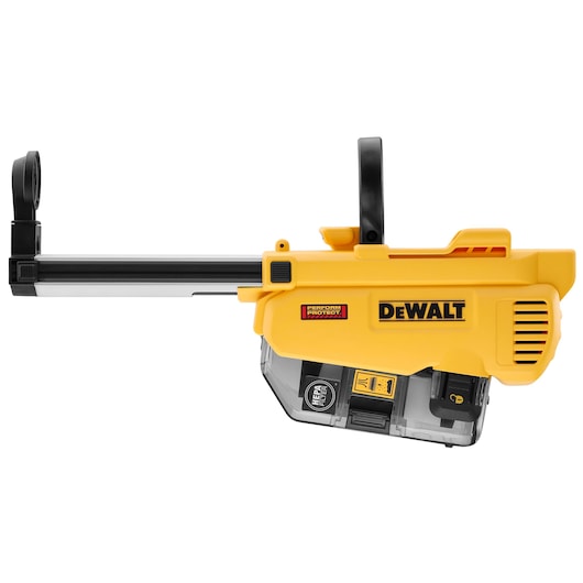 Yellow DEWALT DWH205DH drill dust extraction attachment with handle, suitable for workplace safety.