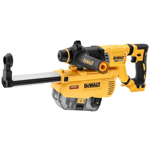 DEWALT DWH205DH yellow and black cordless drill with dust extraction attachment on white background.