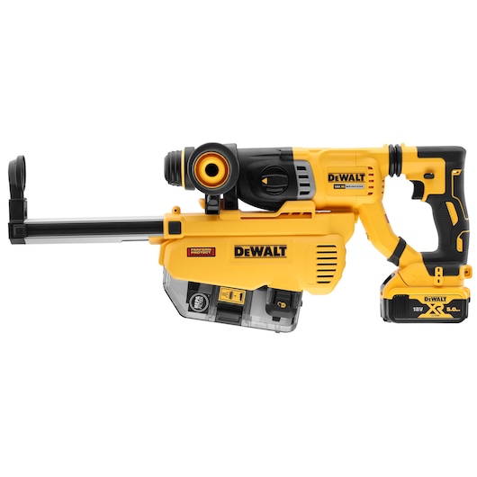 Yellow DEWALT cordless rotary hammer drill with dust extraction attachment and 18V battery.