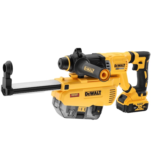 DEWALT cordless rotary hammer drill with side handle and dust extractor attachment.