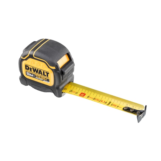 DEWALT 5 meter measuring tape with yellow blade and black casing, extended and shown on white background.