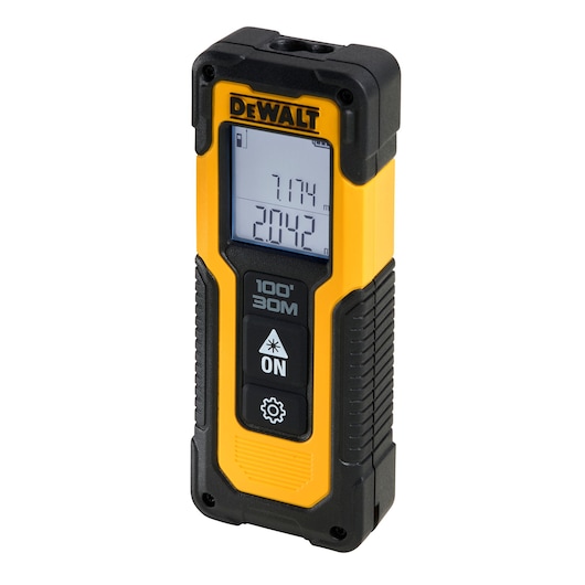 DEWALT handheld laser distance measurer with screen and 100 ft/30 m range, black and yellow body.