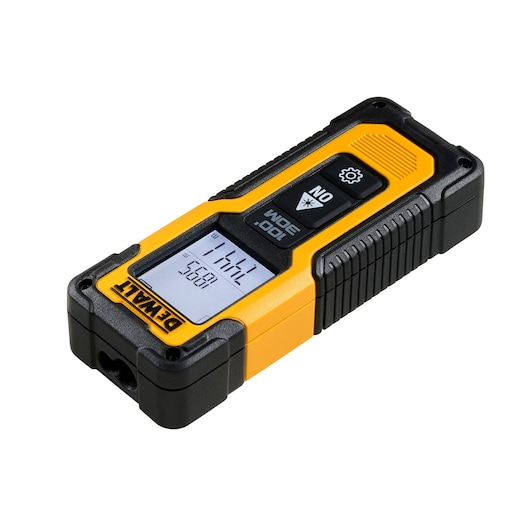 Yellow and black DEWALT laser distance measurer with digital display and two control buttons.