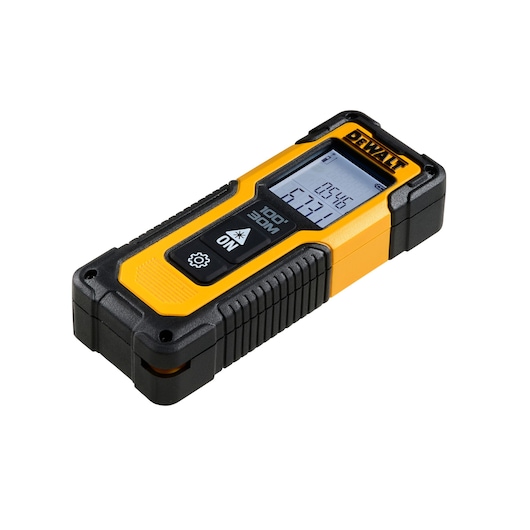 Yellow DEWALT laser distance measurer with LCD screen and buttons, angled view on white background.