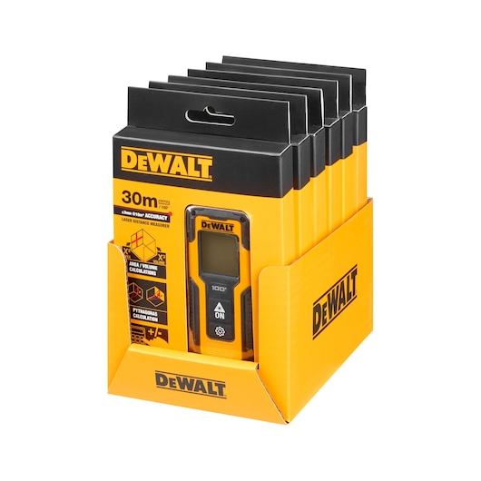 DEWALT DWHT77100 laser distance measurer in yellow retail display box, multiple units visible.