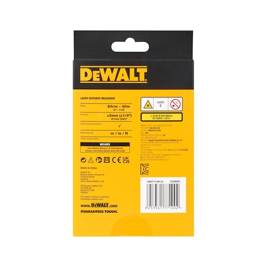 Back of DEWALT DWHT77100 laser distance measurer box showing specs, warnings, barcode, and package content details.