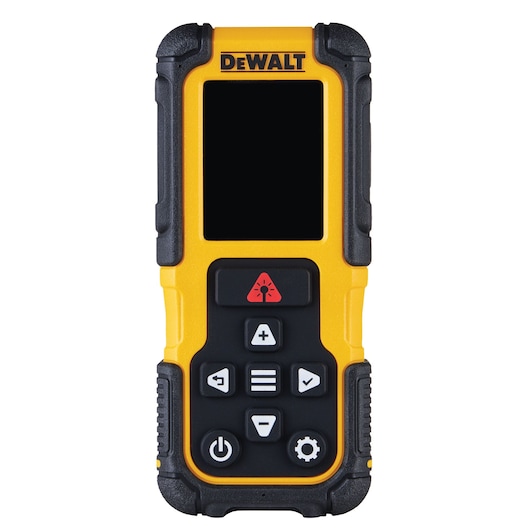 A yellow DEWALT laser distance measurer with a digital screen and multiple function buttons.