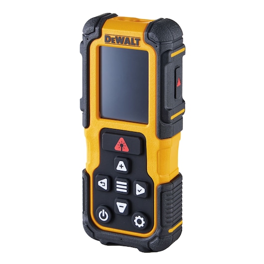 DEWALT handheld digital device with screen and control buttons, rugged yellow and black design.