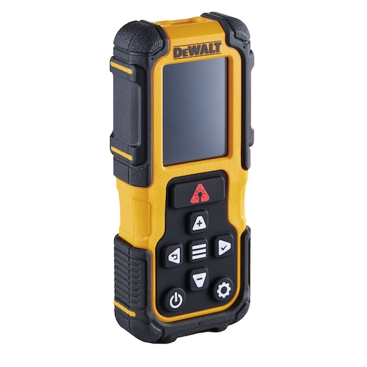 DEWALT laser distance measurer DWHT77200 with screen and control buttons, durable yellow and black design.