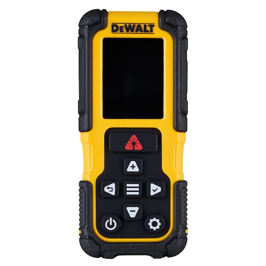 DEWALT digital angle finder with black and yellow body, control buttons, and display screen showing measurement.