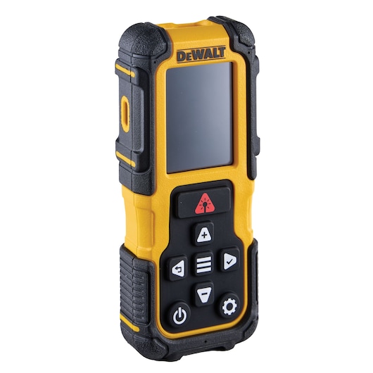 DEWALT handheld laser distance measurer with screen and control buttons, yellow and black rugged design.