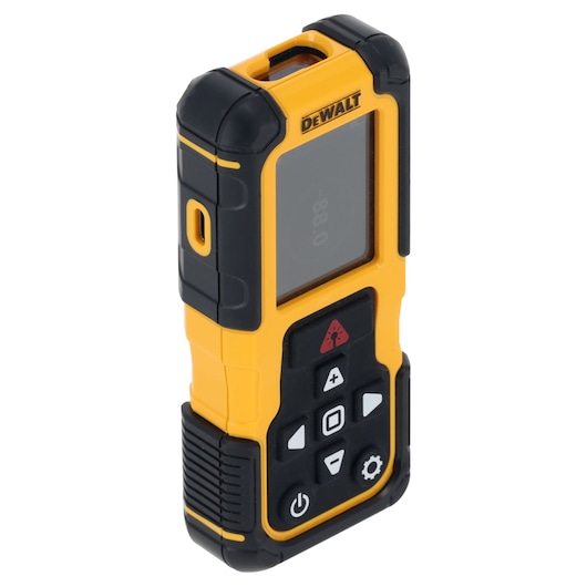 DEWALT DWHT78200 yellow and black handheld digital laser measuring tool with display and control buttons.