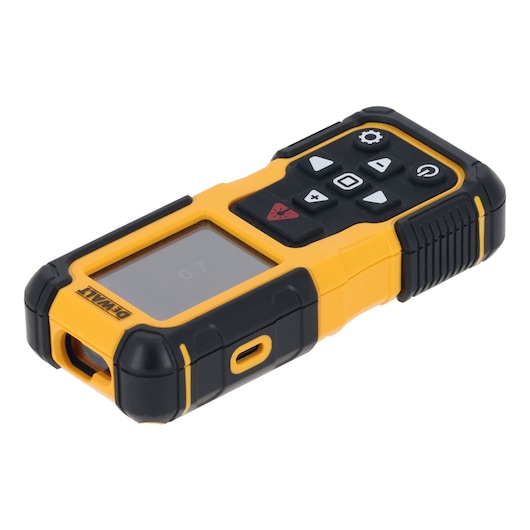 DEWALT yellow and black handheld laser distance measurer with buttons and LCD screen.