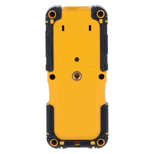 Back view of a yellow DEWALT device with black accents and mounting insert, used for photography or measuring.