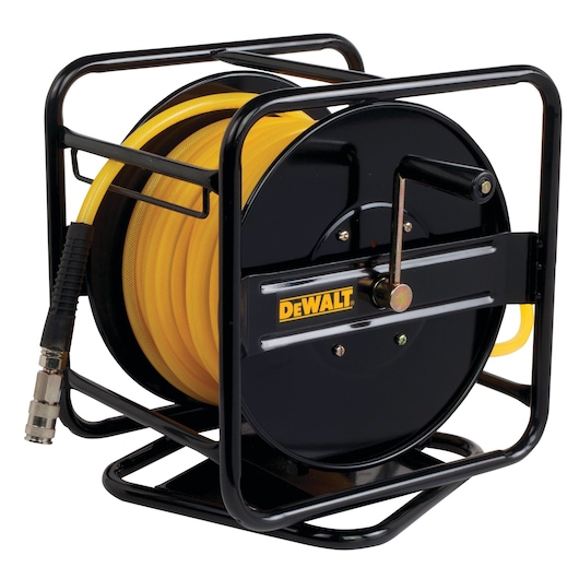 DEWALT hose reel with yellow hose, black metal frame, and hand crank for easy storage and use.