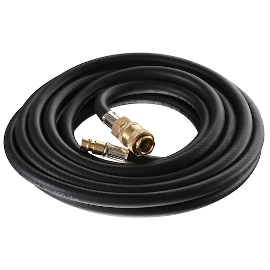 Coiled black hose with brass connectors for photography or equipment use, shown against a white background.