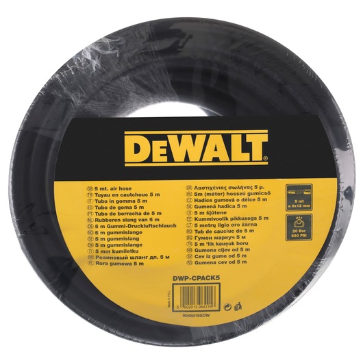 DEWALT 5 meter rubber air hose, coiled and packaged with multilingual label. Model: DWP-CPACK5.