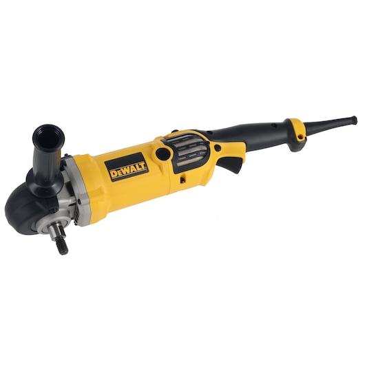 A DEWALT branded electric polisher with a yellow and black body, a side handle for better grip, and an exposed spindle for attaching polishing or buffing pads. The tool is shown isolated on a white background.