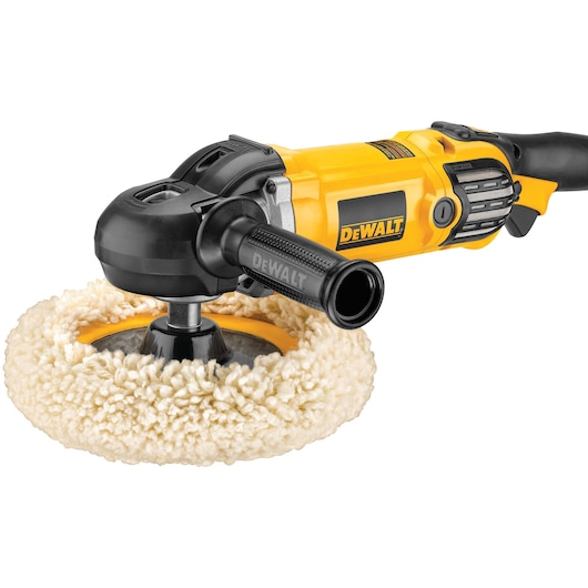 A DEWALT electric polisher with a yellow and black body, featuring a large fluffy buffing pad attached to the rotating head.