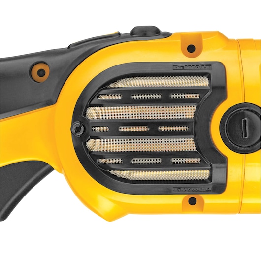 Close-up of the DEWALT DWP849X power tool, showing vent and black-yellow design details.