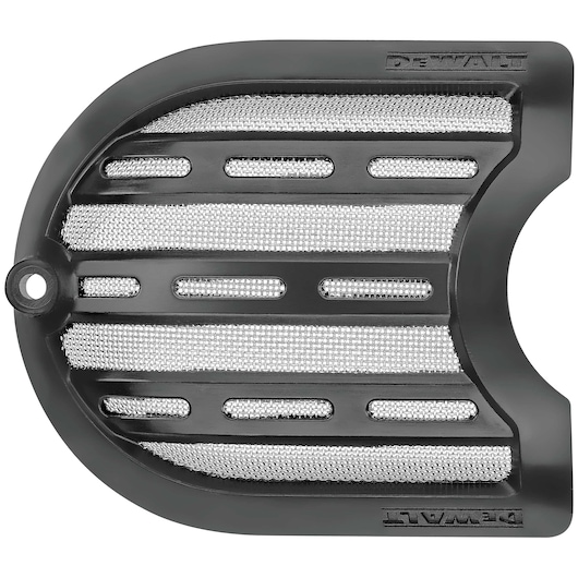 DEWALT DWP849X black and silver mesh air intake cover for a power tool, semi-circular shape.