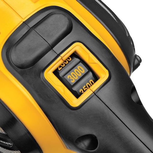 Close-up of DEWALT DWP849X speed dial showing 2500, 3000, and 3500 settings on a yellow and black tool housing.