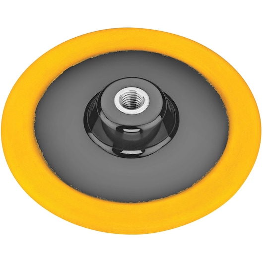 DEWALT DWP849X polishing pad with yellow edge and central mounting hole, shown from above.