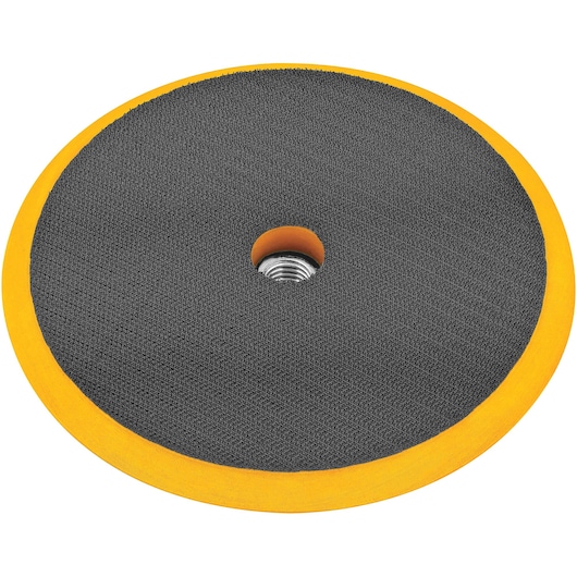 A close-up image of a DEWALT polishing and buffing pad with a black surface and yellow edge, featuring a threaded hole in the center for attachment to a polisher.