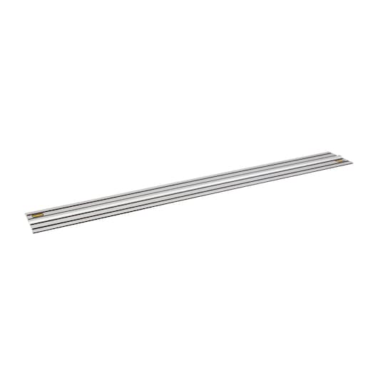 A DEWALT metal guide rail for a saw, shown on a white background. It is long with parallel grooves.