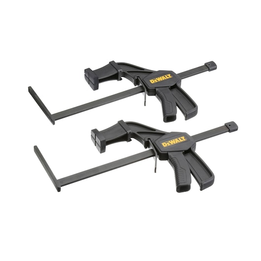 Two DEWALT branded clamp guides, designed for precise woodworking and construction tasks, are shown side by side against a white background.