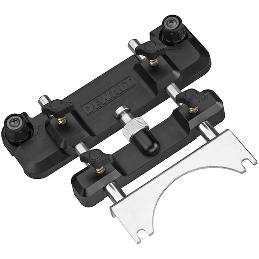 A DEWALT DWS5031 photography accessory, featuring a black plastic and metal guide assembly with adjustment knobs and a metal bracket, designed for precise positioning on compatible photographic equipment.
