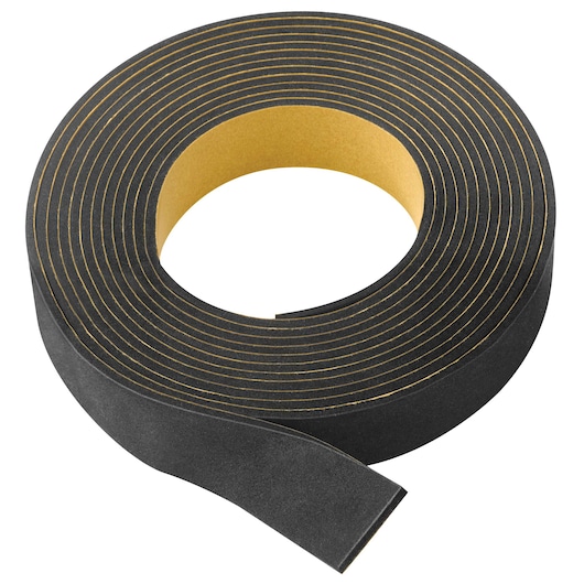 Roll of black adhesive foam tape with a yellow backing, used for sealing or insulation tasks.