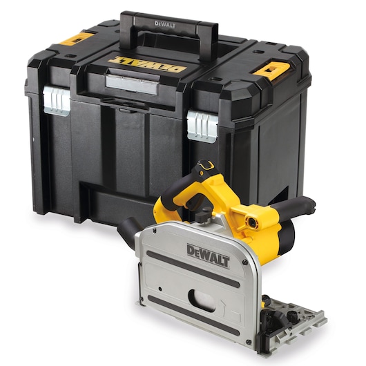 DEWALT plunge saw with a sturdy black carrying case, both branded, for woodworking and construction.