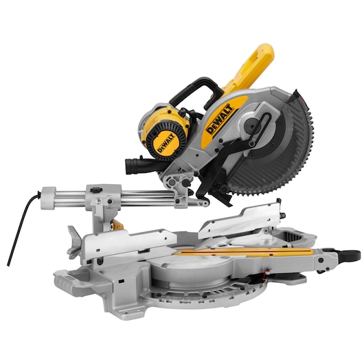DEWALT sliding compound miter saw with a yellow handle and silver base, used for woodworking and precise cutting.