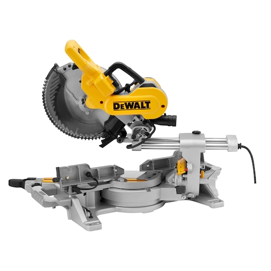 DEWALT DWS727 sliding compound miter saw with yellow and silver body, used for precise wood cutting.