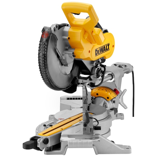 Yellow and gray DEWALT miter saw with handle, blade guard, and adjustable base.
