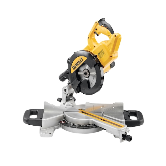 DEWALT DWS773 yellow and black mitre saw for precise wood and material cutting, shown on a white background.