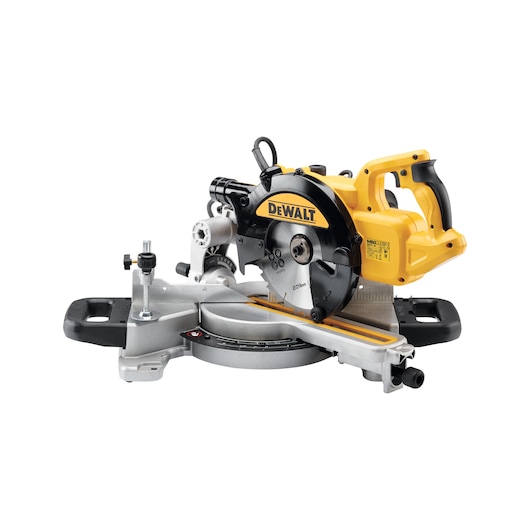 DEWALT DWS773 yellow and black mitre saw with blade guard and ergonomic handle on a white background.