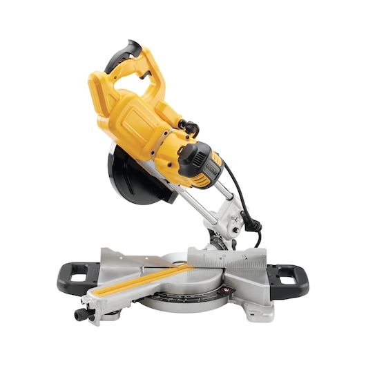 DEWALT DWS773 yellow miter saw with black blade and handles, used for precise wood cutting.