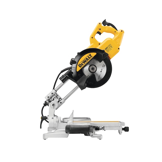 DEWALT DWS773 yellow and black mitre saw shown tilted on a white background.
