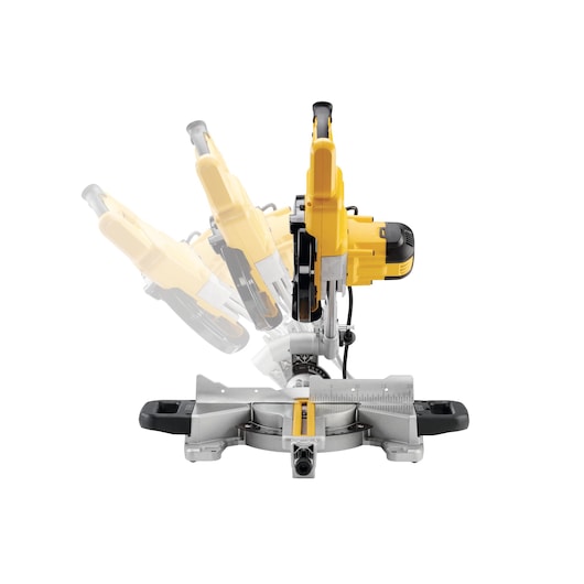 DEWALT DWS773 mitre saw shown tilting, illustrating adjustable cutting angles for woodworking tasks.
