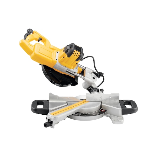 A DEWALT DWS774 sliding mitre saw with a yellow and black body, shown on a white background. The saw features a precise scale, sturdy handles, and a power cord.