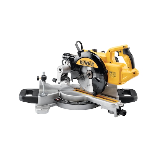 DEWALT DWS774 sliding mitre saw with yellow and black body, suitable for woodworking and precise cutting.