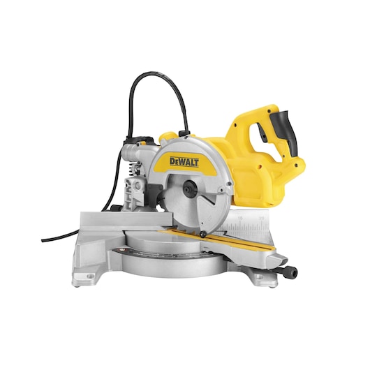 DEWALT DWS777 mitre saw with yellow body and silver blade for precise wood cutting on flat surfaces.