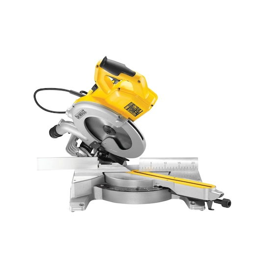 DEWALT DWS778 compound mitre saw with a yellow handle and ruler, used for precise wood cutting.