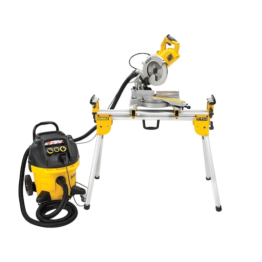DEWALT mitre saw and vacuum on a stand, designed for woodworking and dust extraction.