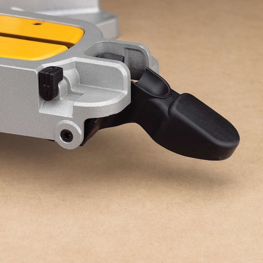 DEWALT DWS780, DWS780KIT detail close-up on part for photography, silver and black components.