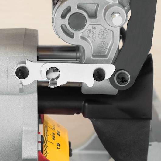 Detail shot of DEWALT DWS780, DWS780KIT photography equipment, close-up of metal and measuring parts.