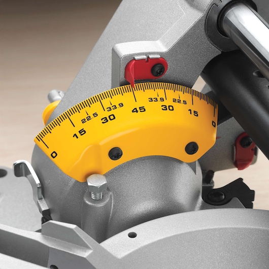 Close-up of DEWALT DWS780, DWS780KIT saw angle gauge. Photography product category.